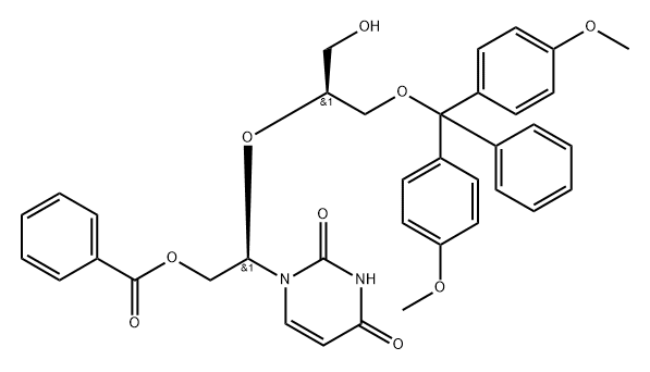 (R)-2-(((S)-1-(bis(4-methoxyphenyl)(phenyl)methoxy)-3-hydroxypropan-2-yl)oxy)-2-(2,4-dioxo-3,4-dihydropyrimidin-1(2H)-yl)ethyl benzoate Struktur