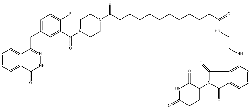 1-Piperazinedodecanamide, 4-[5-[(3,4-dihydro-4-oxo-1-phthalazinyl)methyl]-2-fluorobenzoyl]-N-[2-[[2-(2,6-dioxo-3-piperidinyl)-2,3-dihydro-1,3-dioxo-1H-isoindol-4-yl]amino]ethyl]-λ-oxo- Struktur