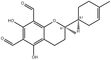 2H-1-Benzopyran-6,8-dicarboxaldehyde, 3,4-dihydro-5,7-dihydroxy-2-methyl-2-[(1S)-4-methyl-3-cyclohexen-1-yl]-, (2R)- Struktur