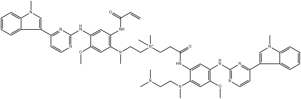 3-[[2-[[2-(Dimethylamino)ethyl]methylamino]-4-methoxy-5-[[4-(1-methyl-1H-indol-3-yl)-2-pyrimidinyl]amino]phenyl]amino]-N-[2-[[5-methoxy-4-[[4-(1-methyl-1H-indol-3-yl)-2-pyrimidinyl]amino]-2-[(1-oxo-2-propen-1-yl)amino]phenyl]methylamino]ethyl]-N,N-dimethyl-3-oxo-1-propanaminium Struktur