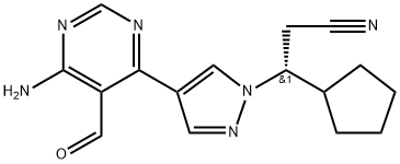 1H-Pyrazole-1-propanenitrile, 4-(6-amino-5-formyl-4-pyrimidinyl)-β-cyclopentyl-, (βR)- Struktur