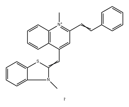 Quinolinium, 1-methyl-4-[(3-methyl-2(3H)-benzothiazolylidene)methyl]-2-(2-phenylethenyl)-, iodide (1:1) Struktur