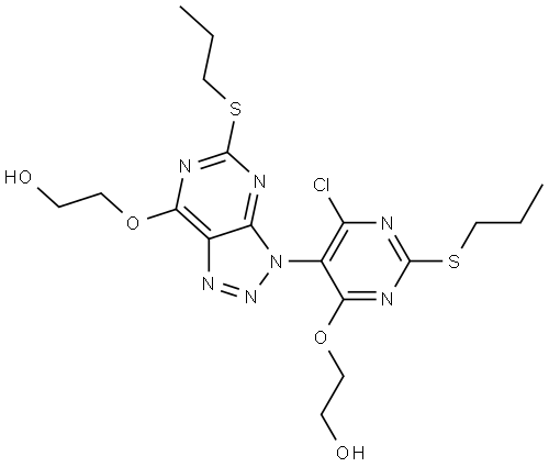 2-((6-chloro-5-(7-(2-hydroxyethoxy)-5-(propylthio)-3H-[1,2,3]triazolo[4,5-d]pyrimidin-3-yl)-2-(propylthio)pyrimidin-4-yl)oxy)ethan-1-ol Struktur