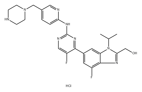 1H-Benzimidazole-2-methanol, 4-fluoro-6-[5-fluoro-2-[[5-(1-piperazinylmethyl)-2-pyridinyl]amino]-4-pyrimidinyl]-1-(1-methylethyl)-, hydrochloride (1:1) Struktur