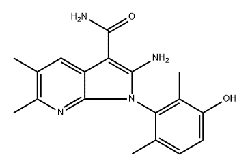 1H-Pyrrolo[2,3-b]pyridine-3-carboxamide, 2-amino-1-(3-hydroxy-2,6-dimethylphenyl)-5,6-dimethyl-, (1R)- Struktur