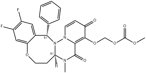 Carbonic acid, [[(6aR,14S)-11,12-difluoro-3,5,6,6a,7,8-hexahydro-6-methyl-3,5-dioxo-14-phenyl-14H-pyrido[1',2':1,6][1,2,4]triazino[3,2-d][1,5]benzoxazocin-4-yl]oxy]methyl methyl ester Struktur