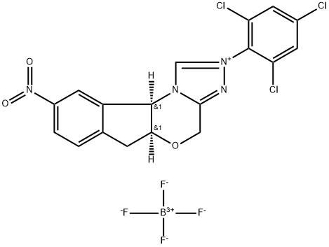 4H,6H-Indeno[2,1-b][1,2,4]triazolo[4,3-d][1,4]oxazinium, 5a,10b-dihydro-9-nitro-2-(2,4,6-trichlorophenyl)-, (5aS,10bR)-, tetrafluoroborate(1-) (1:1) Struktur