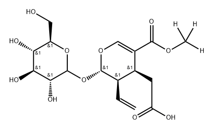 2-((2S,3R,4S)-5-((methoxy-d3)carbonyl)-2-(((3R,4S,5S,6R)-3,4,5-trihydroxy-6-(hydroxymethyl)tetrahydro-2H-pyran-2-yl)oxy)-3-vinyl-3,4-dihydro-2H-pyran-4-yl)acetic acid Struktur