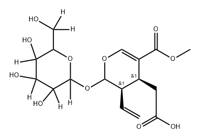 2-((3R,4S)-5-(methoxycarbonyl)-2-((3,4,5-trihydroxy-6-(hydroxymethyl-d2)tetrahydro-2H-pyran-2-yl-2,3,4,5-d4)oxy)-3-vinyl-3,4-dihydro-2H-pyran-4-yl)acetic acid Struktur