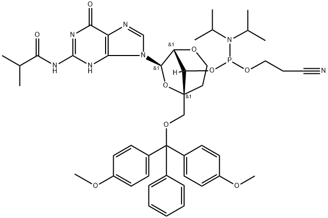 Propanamide, N-[9-[2,6-anhydro-4-C-[[bis(4-methoxyphenyl)phenylmethoxy]methyl]-3-O-[[bis(1-methylethyl)amino](2-cyanoethoxy)phosphino]-5-deoxy-α-L-lyxo-hexofuranosyl]-6,9-dihydro-6-oxo-1H-purin-2-yl]-2-methyl- Struktur