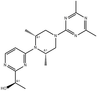 2-Pyrimidinemethanol, 4-[(2R,6S)-4-(4,6-dimethyl-1,3,5-triazin-2-yl)-2,6-dimethyl-1-piperazinyl]-α-methyl-, (αR)- Struktur