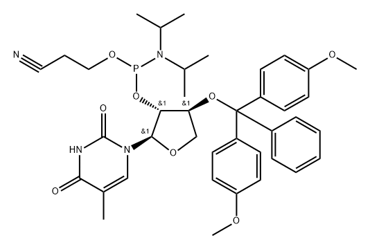 1-{2’-O-[(2-Cyanoethoxy)(diisopropyl amino)phosphino]-3’-O-[(4,4’-dimethoxytriphenyl)methyl]-?-L-threofuranosyl} thymine Struktur