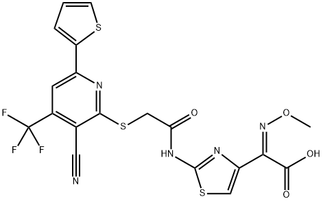 {2-[({[3-cyano-6-(2-thienyl)-4-(trifluoromethyl)-2-pyridinyl]sulfanyl}acetyl)amino]-1,3-thiazol-4-yl}(methoxyimino)acetic aci Struktur