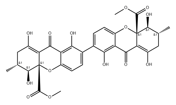 (3R,3'R,4S,4'S,4aS,4'aS)-2,2',3,3',4,4',9,9'-Octahydro-1,1',4,4',8,8'-hexahydroxy-3,3'-dimethyl-9,9'-dioxo-7,7'-bi(4aH-xanthene)-4a,4'a-dicarboxylic acid dimethyl ester Struktur