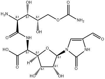 5-[(2-Amino-5-O-carbamoyl-2-deoxy-L-xylonoyl)amino]-1,5-dideoxy-1-(4-formyl-2,3-dihydro-2-oxo-1H-imidazol-1-yl)-β-D-allofuranuronic acid Struktur