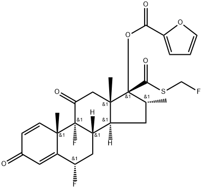 Androsta-1,4-diene-17-carbothioic acid, 6,9-difluoro-17-[(2-furanylcarbonyl)oxy]-16-methyl-3,11-dioxo-, S-(fluoromethyl) ester, (6α,16α,17α)- Struktur