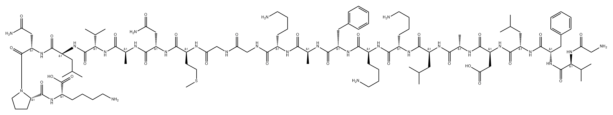 L-Lysine, glycyl-L-valyl-L-phenylalanyl-L-leucyl-L-α-aspartyl-L-alanyl-L-leucyl-L-lysyl-L-lysyl-L-phenylalanyl-L-alanyl-L-lysylglycylglycyl-L-methionyl-L-asparaginyl-L-alanyl-L-valyl-L-leucyl-L-asparaginyl-L-prolyl- Struktur