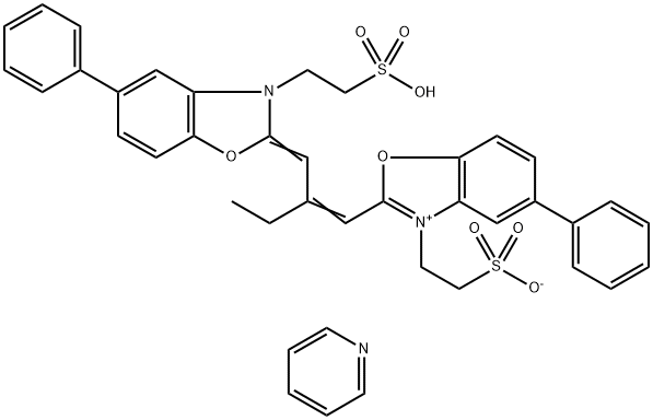 Pyridinium, 2-[5-phenyl-2-[2-[5-phenyl-3-(2-sulfonato ethyl)benzoxazolin-2-ylidenemethyl]-1-butenyl]-3-benzoxazolio]ethansulfonate 5/2 hydrate Struktur