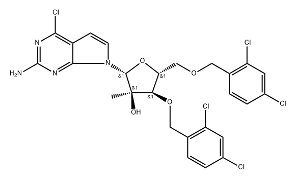 7-[3,5-Bis-O-[(2,4-dichlorophenyl)methyl]-2-C-methyl-beta-D-ribofuranosyl]-4-chloro-7H-pyrrolo[2,3-d]pyrimidin-2-amine Struktur