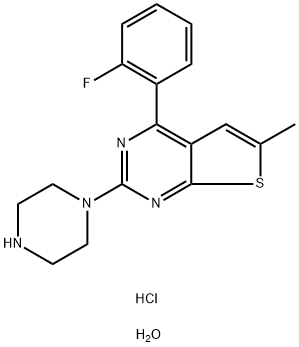 Thieno[2,3-d]pyrimidine, 4-(2-fluorophenyl)-6-methyl-2-(1-piperazinyl)-, hydrochloride, hydrate (1:1:1) Struktur