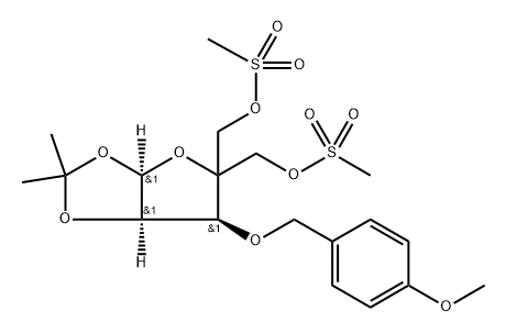 3-O-(4-Methoxybenzyl)-5-O-methylsulfonyl-4-C-methylsulfonyloxymethyl-1,2-O-isopropylidine-alpha-D-ribofuranose Struktur