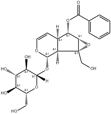 [(1aS)-6α-Benzoyloxy-1a,1bα,2,5aα,6,6aβ-hexahydro-1a-hydroxymethyloxireno[4,5]cyclopenta[1,2-c]pyran-2α-yl]β-D-glucopyranoside Struktur