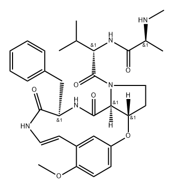 L-Phenylalaninamide, N-methyl-L-alanyl-L-valyl-(3S)-3-hydroxy-L-prolyl-N-[(1Z)-2-(5-hydroxy-2-methoxyphenyl)ethenyl]-, cyclic (3→4)-ether Struktur