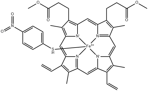 (4-nitrothiophenolato)iron(III)-protoporphyrin IX dimethyl ester complex Struktur