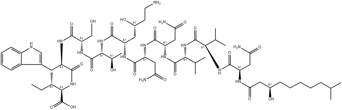 N2-(3-Hydroxy-10-methyldecanoyl)-D-Asn-D-Val-D-Val-L-Asn-D-Asn-[(4R)-4-hydroxy-L-Lys-]-D-aThr-L-Ser-D-Trp-D-aIle-OH Struktur