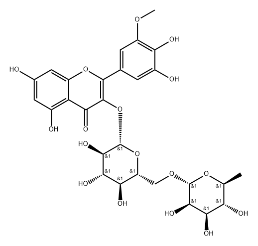 4H-1-Benzopyran-4-one, 3-[[6-O-(6-deoxy-α-L-mannopyranosyl)-β-D-glucopyranosyl]oxy]-2-(3,4-dihydroxy-5-methoxyphenyl)-5,7-dihydroxy- Struktur