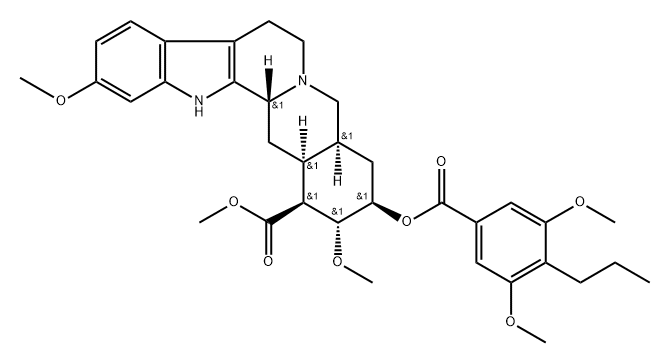 Yohimban-16-carboxylic acid, 18-[(3,5-dimethoxy-4-propylbenzoyl)oxy]-11,17-dimethoxy-, methyl ester, (3β,16β,17α,18β,20α)- (9CI) Struktur