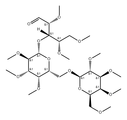 2-O,4-O,5-O-Trimethyl-3-O-[2-O,3-O,4-O-trimethyl-6-O-(2-O,3-O,4-O,6-O-tetramethyl-β-D-galactopyranosyl)-β-D-galactopyranosyl]-L-arabinose Struktur