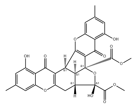 Furo[2',3',4':3,4]indeno[1,2-b:6,7-b']bis[1]benzopyran-5b,7(5H)-dicarboxylic acid, 7,7a,7b,8,14,14b-hexahydro-4,7,13-trihydroxy-2,11-dimethyl-5,14-dioxo-, dimethyl ester, (5bS,7S,7aR,7bR,14bS)- Struktur