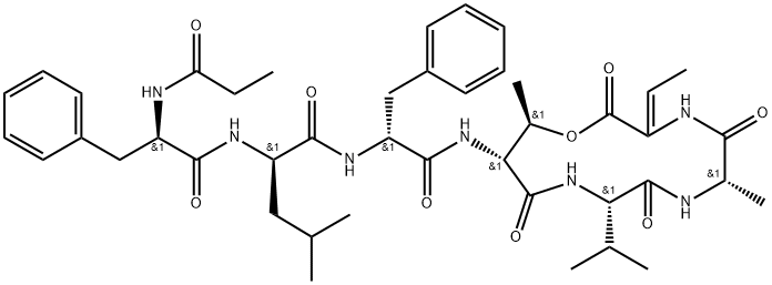 N-(N-Propionyl-D-Phe-D-Leu-L-Phe-)cyclo(L-Thr*-L-Val-L-Ala-3-methyl-ΔAla-) Struktur