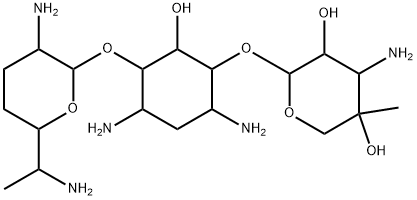 (+)-4-O-(2,6-Diamino-2,3,4,6,7-pentadeoxy-α-D-ribo-heptopyranosyl)-6-O-(3-amino-4-C-methyl-3-deoxy-β-L-arabino-pentopyranosyl)-2-deoxy-D-streptamine Struktur