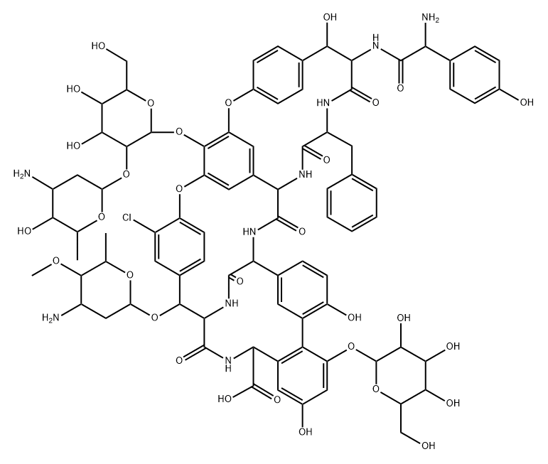 22H-8,11:18,21-Dietheno-23,36-(iminomethano)-13,16:31,35-dimetheno-1H,16H-[1,6,9]oxadiazacyclohexadecino[4,5-m][10,2,16]benzoxadiazacyclotetracosine-26-carboxylic acid, 6-[[(2R)-amino(4-hydroxyphenyl)acetyl]amino]-44-[[2-O-(3-amino-2,3,6-trideoxy-α-L-arabino-hexopyranosyl)-β-D-glucopyranosyl]oxy]-22-[(3-amino-2,3,6-trideoxy-4-O-methyl-α-L-arabino-hexopyranosyl)oxy]-19-chloro-2,3,4,5,6,7,23,24,25,26,36,37,38,38a-tetradecahydro-7,28,32-trihydroxy-30-(α-D-mannopyranosyloxy)-2,5,24,38,39-pentaoxo-3-(phenylmethyl)-, (3S,6R,7R,22R,23S,26S,36R,38aR)- Struktur