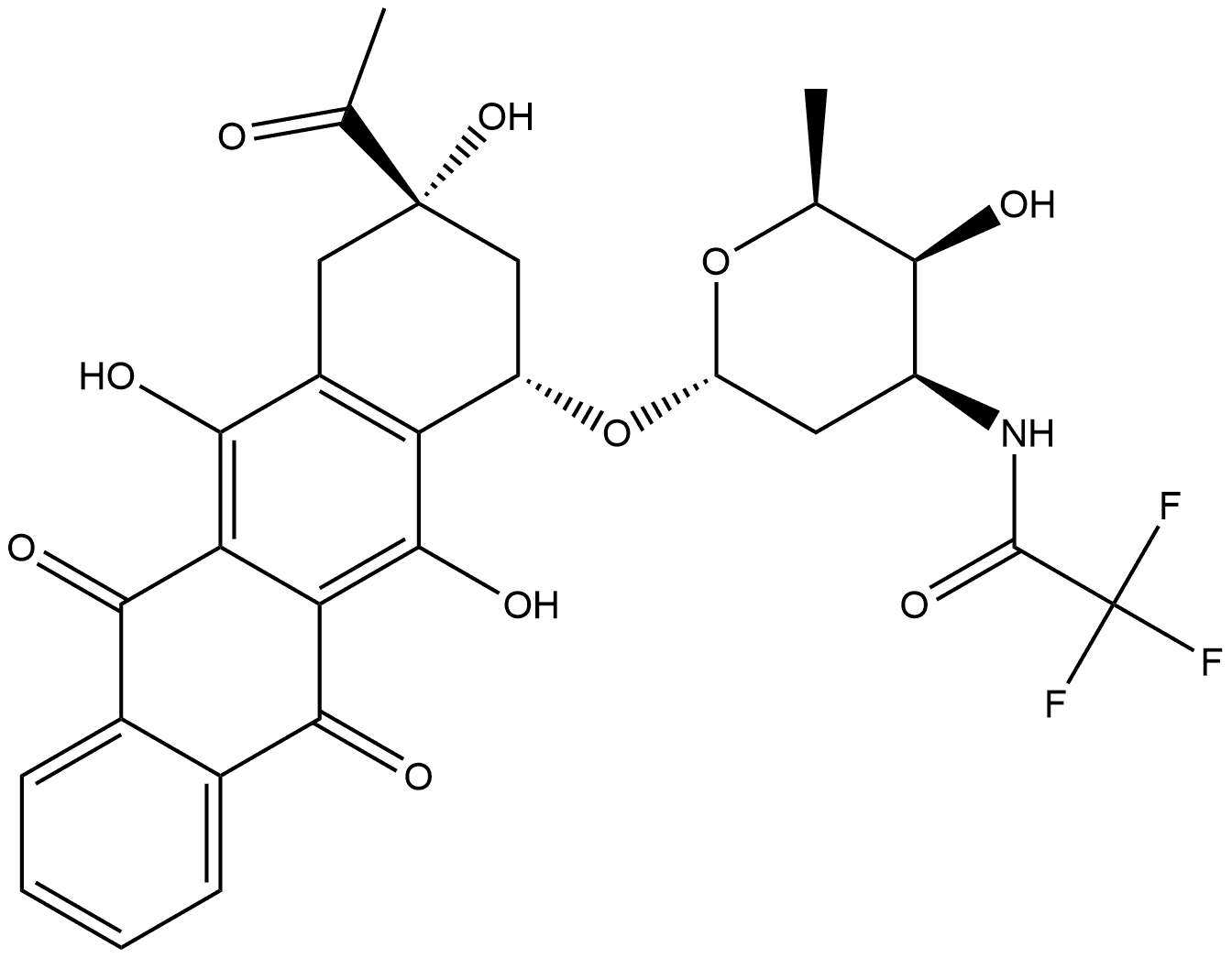 5,12-Naphthacenedione, 9-acetyl-7,8,9,10-tetrahydro-6,9,11-trihydroxy-7-[[2,3,6-trideoxy-3-[(2,2,2-trifluoroacetyl)amino]-α-L-lyxo-hexopyranosyl]oxy]-, (7S,9S)- Struktur