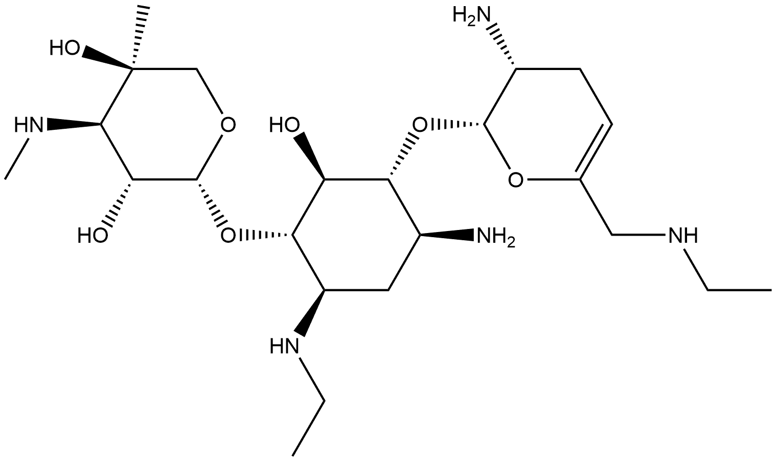 D-Streptamine, O-2-amino-2,3,4,6-tetradeoxy-6-(ethylamino)-α-D-glycero-hex-4-enopyranosyl-(1→4)-O-[3-deoxy-4-C-methyl-3-(methylamino)-β-L-arabinopyranosyl-(1→6)]-2-deoxy-N1-ethyl- Struktur