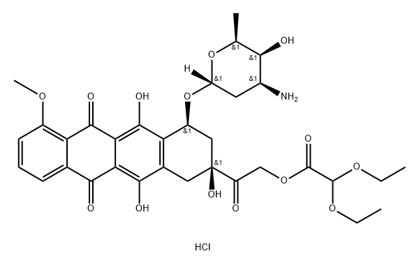 Acetic acid, diethoxy-, 2-[4-[(3-amino-2,3,6-trideoxy-alpha-l-lyxo-hexopyranosyl)oxy]-1,2,3,4,6,11-hexahydro-2,5,12-trihydroxy-7-methoxy-6,11-dioxo-2-naphthacenyl]-2-oxoethyl ester, hydrochloride, (2S-cis)- Struktur