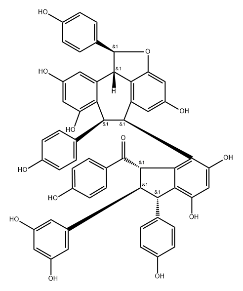 Methanone, [(1R,2S,3R)-2-(3,5-dihydroxyphenyl)-2,3-dihydro-4,6-dihydroxy-3-(4-hydroxyphenyl)-7-[(1R,6R,7R,11bR)-1,6,7,11b-tetrahydro-4,8,10-trihydroxy-1,7-bis(4-hydroxyphenyl)benzo[6,7]cyclohepta[1,2,3-cd]benzofuran-6-yl]-1H-inden-1-yl](4-hydroxyphenyl)-, rel-(-)- Struktur