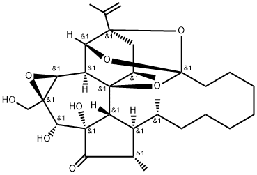 16H-1,6:2,6-Diepoxybenz[7,8]oxireno[5,6]azuleno[8,1-bc]oxacyclotridecin-16-one, eicosahydro-16a,17-dihydroxy-17a-(hydroxymethyl)-4,14,15-trimethyl-2-(1-methylethenyl)-, (1R,2R,4R,4aR,6S,14R,14aR,15S,16aS,16bR,17S,17aR,18aS,18bS)- Struktur