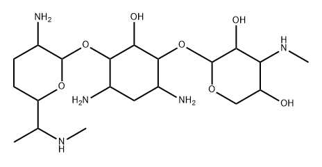 D-Streptamine, O-2-amino-2,3,4,6,7-pentadeoxy-6-(methylamino)-α-D-ribo-heptopyranosyl-(1→4)-O-[3-deoxy-3-(methylamino)-β-L-arabinopyranosyl-(1→6)]-2-deoxy- Struktur