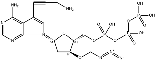 7H-Pyrrolo[2,3-d]pyrimidin-4-amine, 5-(3-amino-1-propyn-1-yl)-7-[3-O-(azidomethyl)-2-deoxy-5-O-[hydroxy[[hydroxy(phosphonooxy)phosphinyl]oxy]phosphinyl]-β-D-erythro-pentofuranosyl]- Struktur