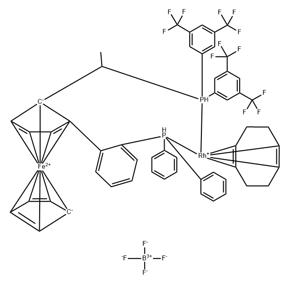 (R)-1-[(R)-2-(2''-DIPHENYLPHOSPHINOPHENYL)-FERROCENYL]-ETHYLDI-(BIS-3,5-TRIFLUOROMETHYLPHENYL)-PHOSPHINE-(1,5-CYCLOOCTADIENE)-RHODIUM(I)]-TETRAFLUOROBORATE Struktur