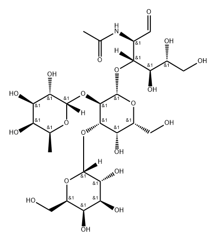 O-6-Deoxy-alpha-L-galactopyranosyl-(1-2)-O-[alpha-D-galactopyranosyl-(1-3)]-O-beta-D-galactopyranosyl-(1-3)-2-(acetylamino)-2-deoxy-D-glucose Struktur