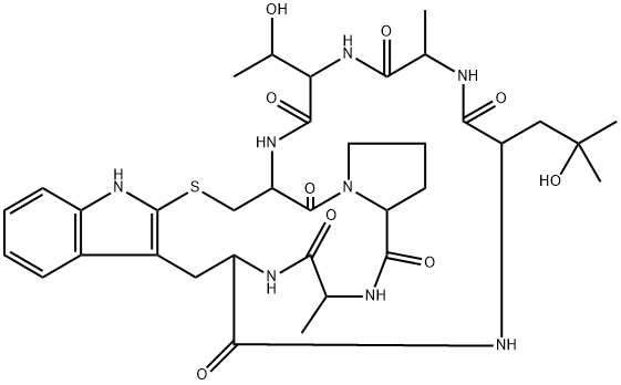 Cyclo(L-Ala-D-Thr-L-Cys(1)-L-Pro-L-Ala-L-Trp2(1)-4-hydroxy-L-Leu-) Struktur