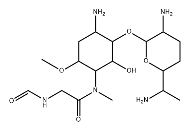 2-Amino-1-O-(2,6-diamino-2,3,4,6,7-pentadeoxy-β-L-lyxo-heptopyranosyl)-5-[[(formylamino)acetyl]methylamino]-4-O-methyl-2,3,5-trideoxy-D-allo-inositol Struktur