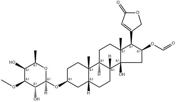 3β-[(3-O-Methyl-6-deoxy-D-galactopyranosyl)oxy]-16β-(formyloxy)-14-hydroxy-5β-card-20(22)-enolide Struktur