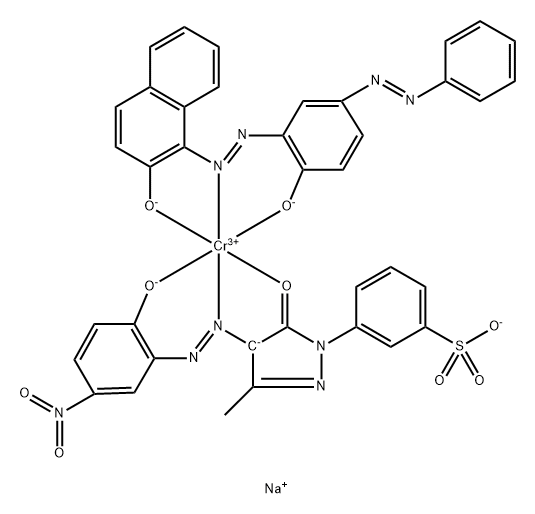 disodium [3-[4,5-dihydro-4-[(2-hydroxy-5-nitrophenyl)azo]-3-methyl-5-oxo-1H-pyrazol-1-yl]benzenesulphonato(3-)][1-[[2-hydroxy-5-(phenylazo)phenyl]azo]-2-naphtholato(2-)]chromate(2-) Struktur