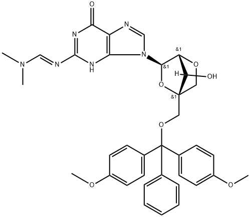 Methanimidamide, N'-[9-[2,5-anhydro-4-C-[[bis(4-methoxyphenyl)phenylmethoxy]methyl]-α-L-lyxofuranosyl]-6,9-dihydro-6-oxo-1H-purin-2-yl]-N,N-dimethyl- Struktur